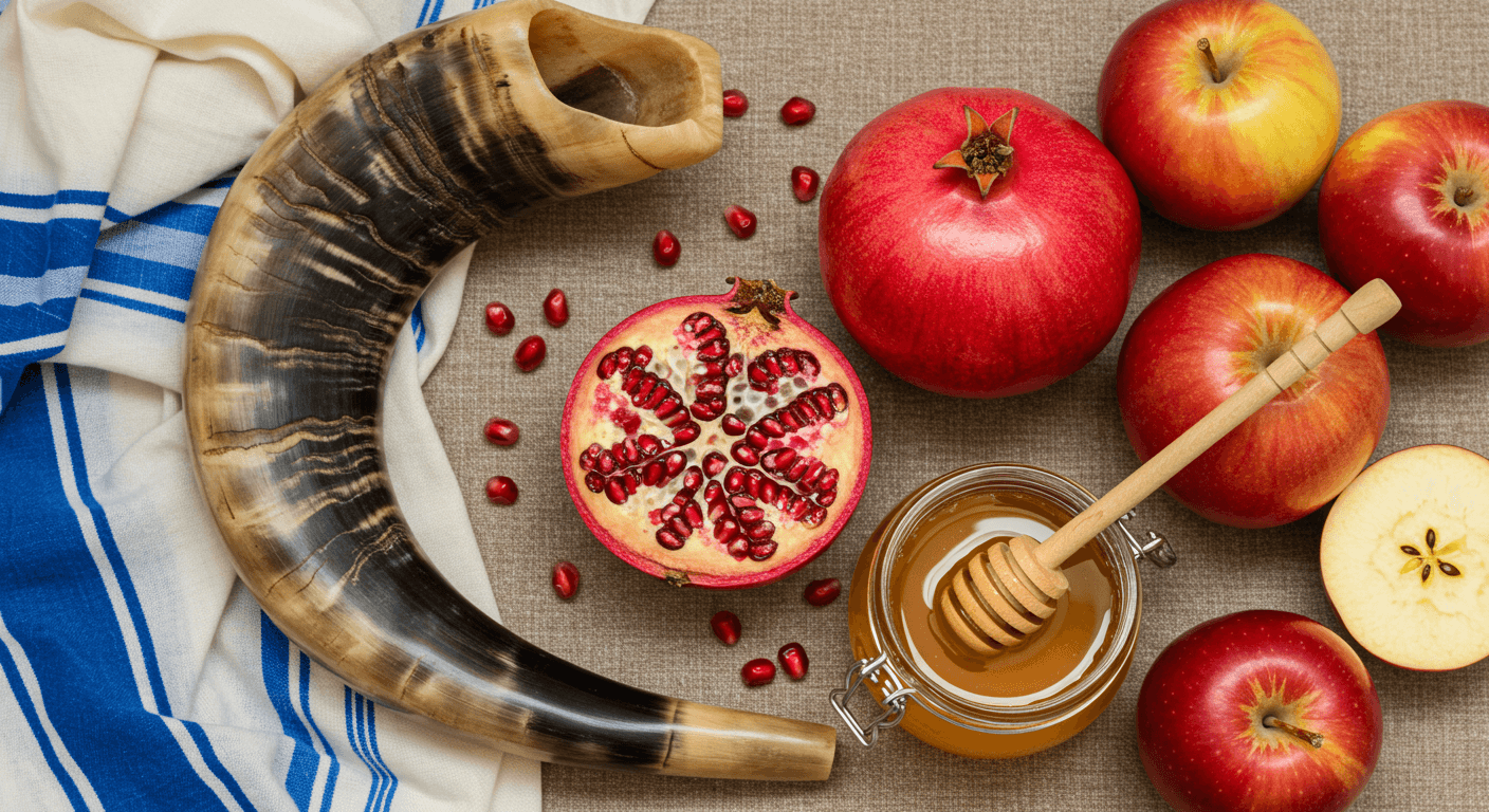 A vibrant and elegant flat lay composition of Jewish High Holiday symbols.